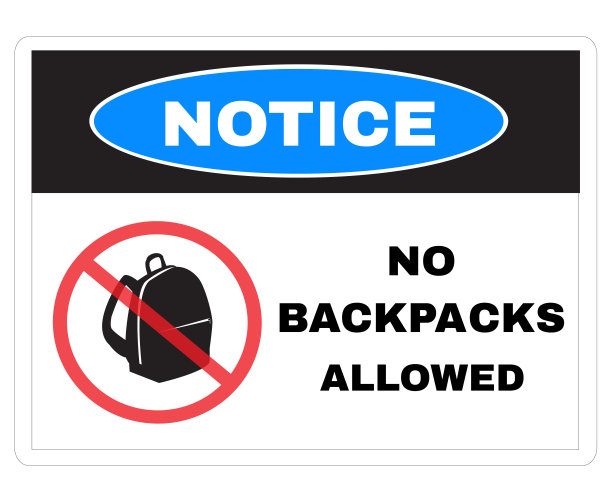 事故预防标志，告示板上写着“请勿携带背包”。小心谨慎标志、警示符号设计概念、矢量插图。图片下载