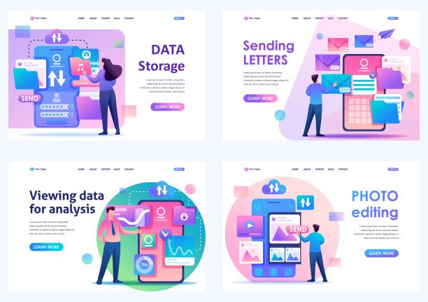 设置平面二维概念照片编辑，数据存储，查看数据，发送信件。用于登陆页面概念和网页设计图片下载
