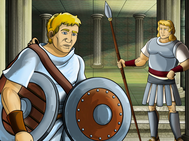 卡通场景与罗马或希腊战士古代人物附近的一些古老的建筑，如神庙图片下载