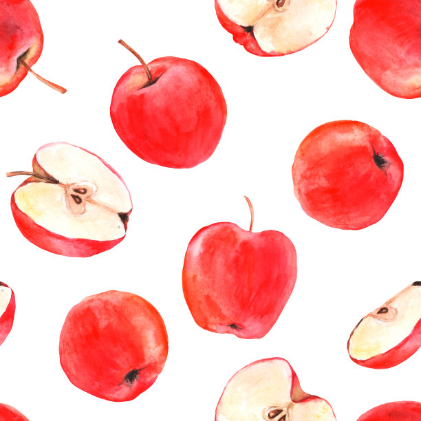 水彩无缝图案与红苹果。水果的背景。适用于织物、包装、覆盖及纺织品。图片下载