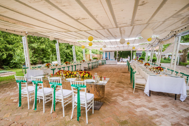 户外餐厅为特殊场合/婚礼提供配有绿色丝带装饰的白色椅子图片下载