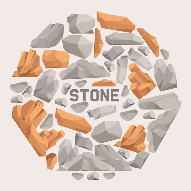 石头卡通平横幅。石头和岩石在等距3d风格矢量插图。一组不同形状和颜色的巨石。厚重的天然粗糙山料。图片下载