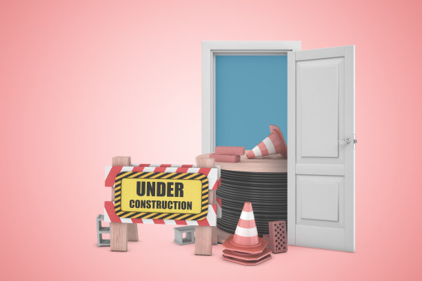 建筑屏障，交通锥和线在白色开放的门口在浅粉色的背景的3d渲染图片下载