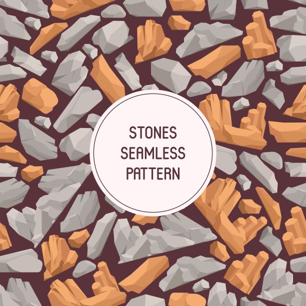 石头卡通平整无缝图案。石头和岩石在等距3d风格矢量插图。一组不同形状和颜色的巨石。厚重的天然粗糙材料。图片下载