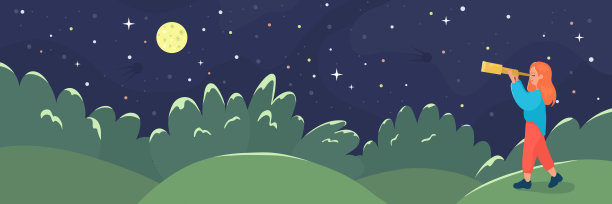 女孩用望远镜看月亮和星星。图片下载