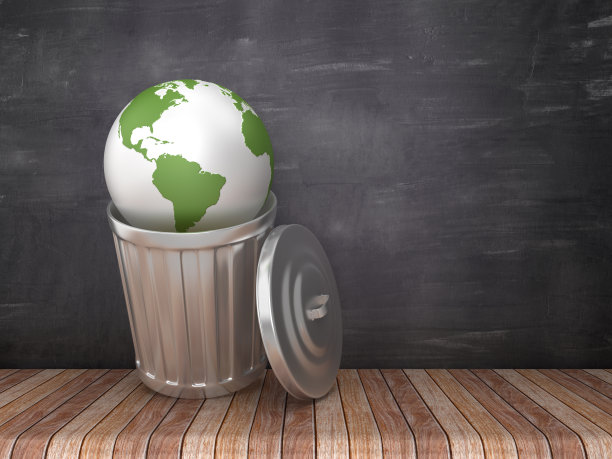 垃圾桶与全球世界在黑板上的背景- 3D渲染图片下载