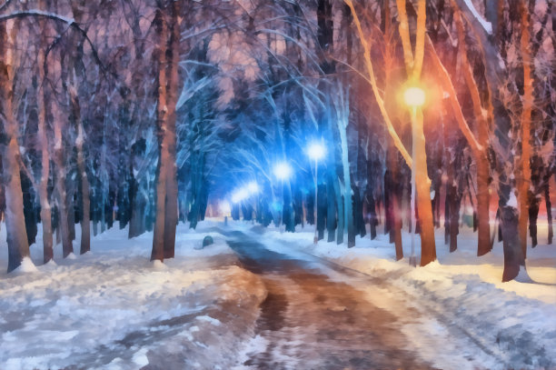 冬季水彩的城市。数字绘画-插图。图片下载