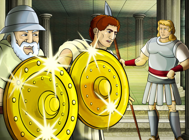 卡通场景与罗马或希腊战士古代人物附近的一些古老的建筑，如神庙图片下载