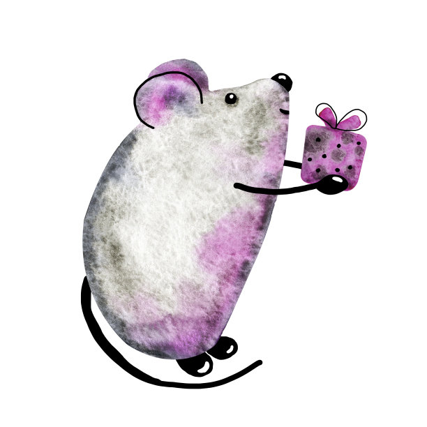 一只金属老鼠，一只老鼠庆祝新年，送礼物。手绘水彩插画与象征2020年新年的节日概念设计。图片下载