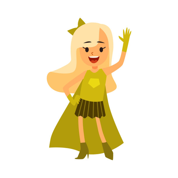 小女孩在绿色的超级英雄服装站举起一只手臂卡通风格图片下载