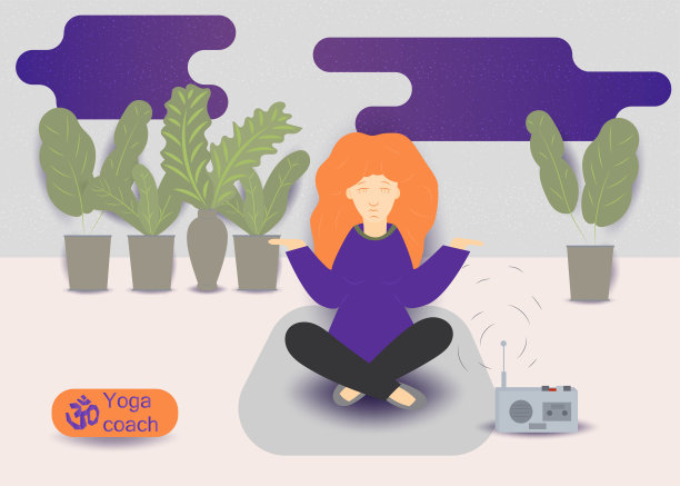 一个4头红头发的年轻女孩在地毯上做体操瑜伽练习，没有轮廓的平面概念设计风格的设计各种面包房和网络产品的矢量图图片下载