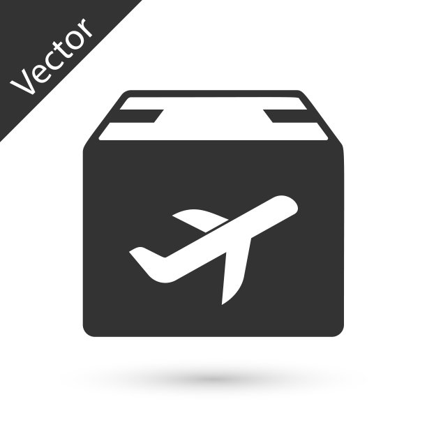 灰色飞机和纸板箱图标孤立在白色背景上。交货,运输。空运货物。飞机上有包裹、箱子。矢量图图片下载