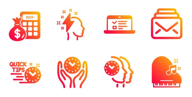 快速提示，时间管理和头脑风暴图标集。网络讲座，金融计算器和安全时间标志。向量图片下载