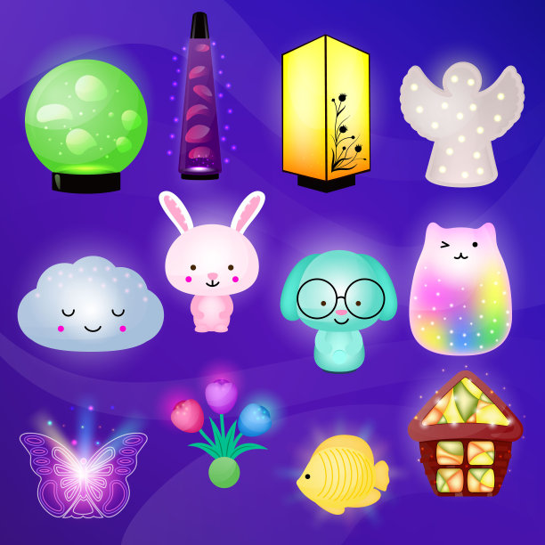 夜灯向量孩子夜灯灯在卧室插图一套儿童照明夜灯设计夜间轻装饰猫屋灯孤立的背景图片下载