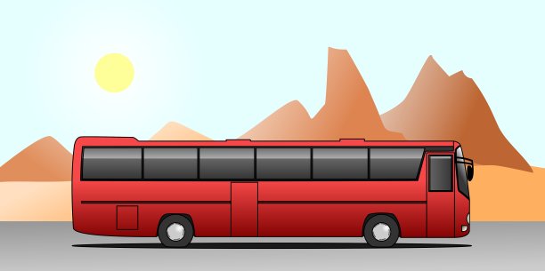 度假巴士之旅。乘公共汽车旅行。乘公共汽车。山的背景上的红色巴士。现代平面矢量插图。图片下载