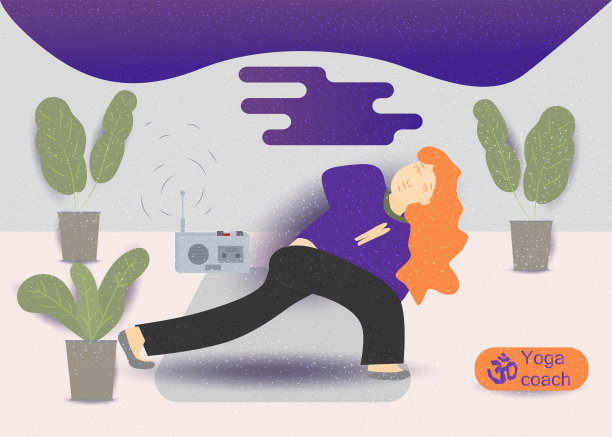 一个8头红头发的年轻女孩在地毯上做体操瑜伽练习，没有轮廓的平面概念设计风格为各种面包房和网络产品的设计矢量插图图片下载