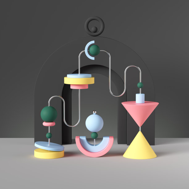 3d原始几何形状，五颜六色的玩具，抽象的背景，后现代的装置，孟菲斯灵感的构图，创意好玩的不对称结构图片下载