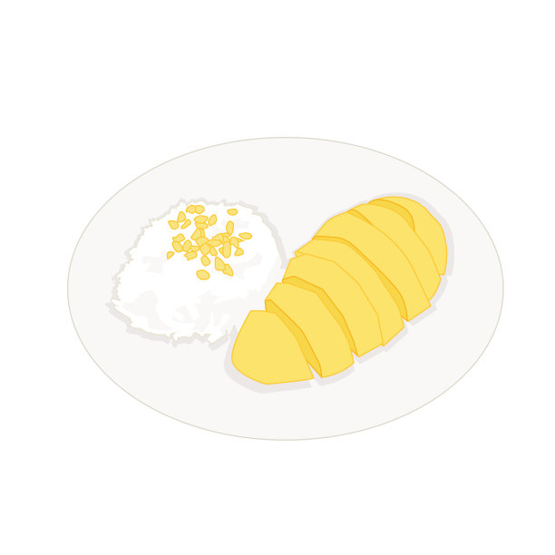 成熟的芒果糯米盘上白色背景插图向量图片下载