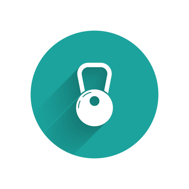 白色壶铃图标孤立与长影子。绿色圆圈按钮。矢量图图片下载