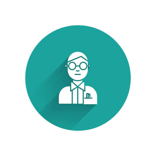 白色科学家图标孤立与长影子。绿色圆圈按钮。矢量图图片下载