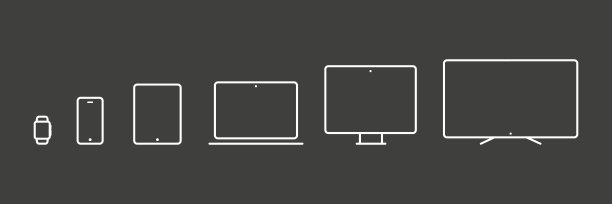 设备图标:智能手表、智能手机、平板电脑、笔记本电脑、台式电脑、电视。黑色背景。矢量插图，平面设计图片下载
