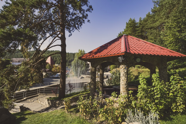 避暑胜地Belokurikha Altai Krai的森林里的避暑凉亭。图片下载