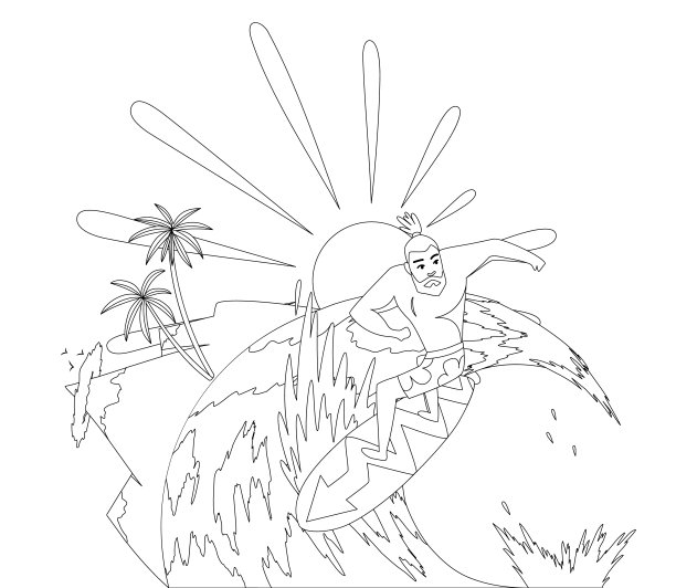 冲浪者骑在波浪着色书页。矢量插图在平栅图片下载