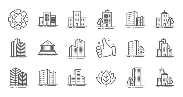 建筑图标。银行、酒店、法院。城市建筑，摩天大楼。向量图片下载