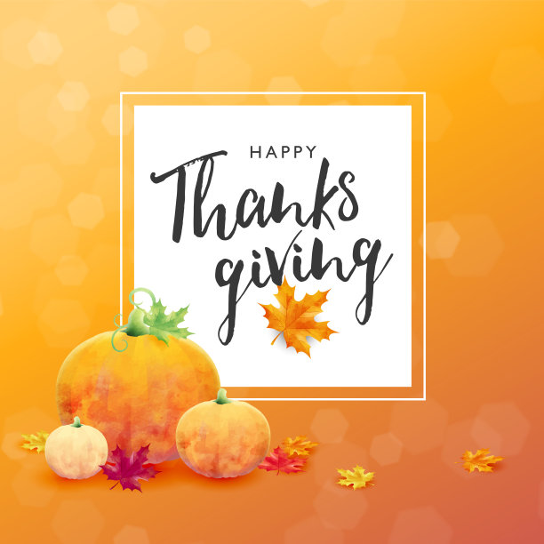秋季感恩节营销设计布局。感恩节横幅概念快乐。枫主题设计与南瓜在橙色的散景背景。图片下载