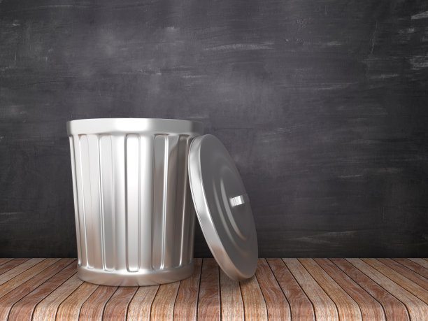 垃圾桶在黑板上的背景- 3D渲染图片下载