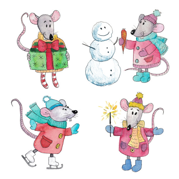 圣诞节水彩老鼠套装图片下载