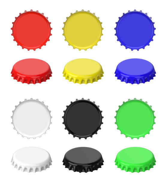 彩色铝瓶盖顶部，侧视图上的白色背景图片下载