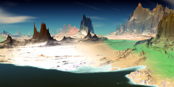 外星人的星球。山和湖。三维渲染图片下载