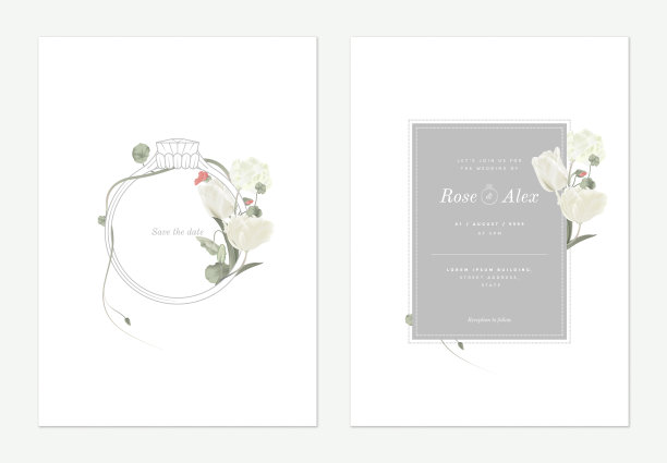 花叶婚礼请柬模板设计，婚戒用白色的郁金香花和白色的叶子装饰图片下载
