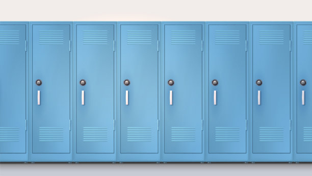 有密码锁和把手的蓝色橱柜。欢迎回到学校。一套逼真的学校储物柜，金属橱柜与关闭的门。矢量模板，3d插图。图片下载