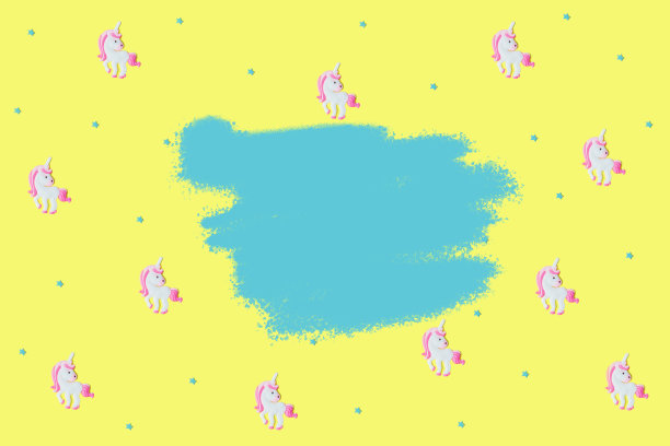 黄色背景下的蓝色星星和粉色独角兽。图片下载
