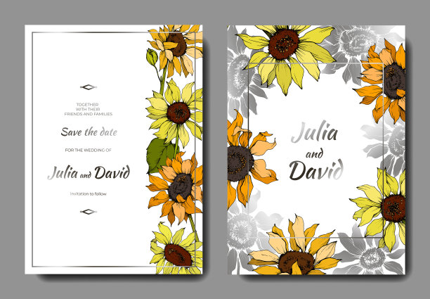 向量向日葵植物花。黄绿镌刻水墨艺术。婚礼背景卡花装饰边框。图片下载