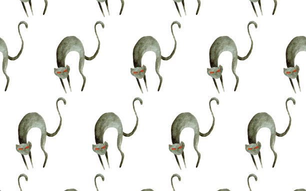 水彩万圣节无缝图案。在白色背景上手绘节日符号。愤怒的猫。图片下载