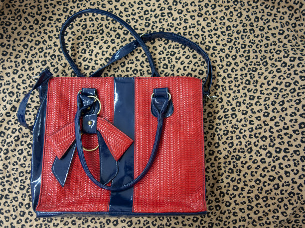 皮革红色手袋孤立在豹纹织物背景图片下载