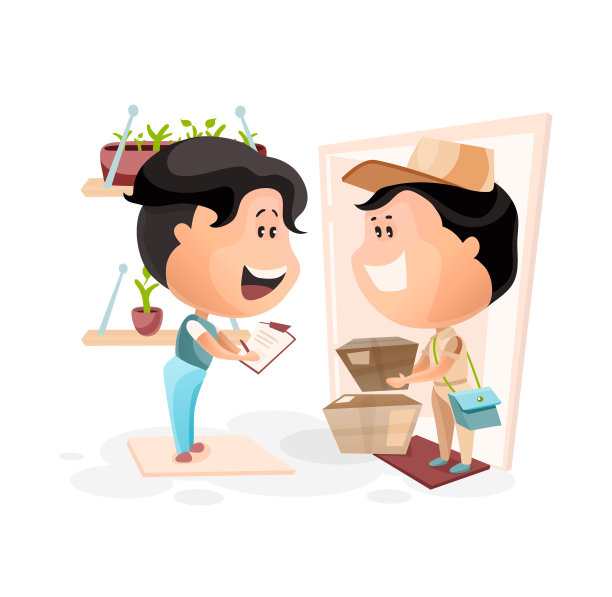 收到快递员的订单。客户签交单。微笑的快递员在门口给客人送纸板箱。矢量插图卡通风格图片下载