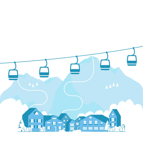 滑雪度假胜地与滑雪缆车。冬季户外度假活动在阿尔卑斯山运动，景观有山景和森林。高山村庄的小木屋。平的风格图片下载