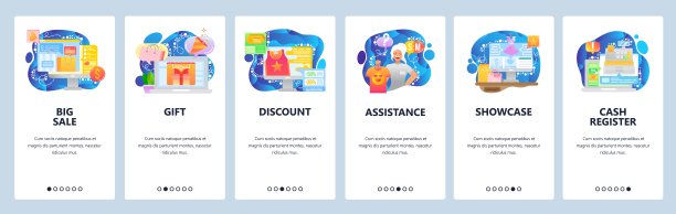 移动应用的登陆屏幕。网上购物、打折、女店员、收银。菜单矢量横幅模板的网站和移动开发。网站设计说明图片下载