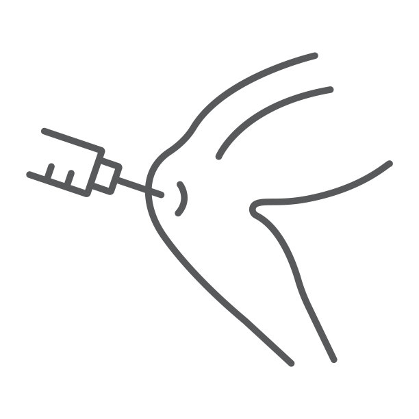 膝关节注射细线图标，骨科和医学，骨注射符号，矢量图形，白色背景上的线性图案。图片下载