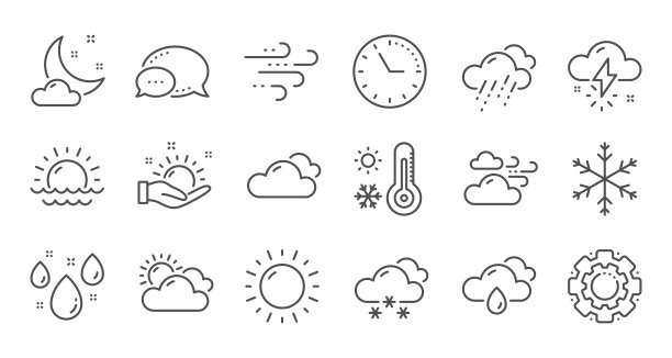 天气和预报线图标。阴天，冬天有雪花和温度计。线性集。向量图片下载