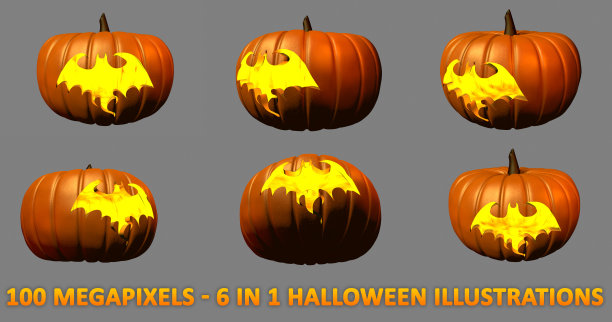 蝙蝠剪影与灯光雕刻在万圣节南瓜上- 6个详细的孤立的图像，大规模的三维物体插图图片下载