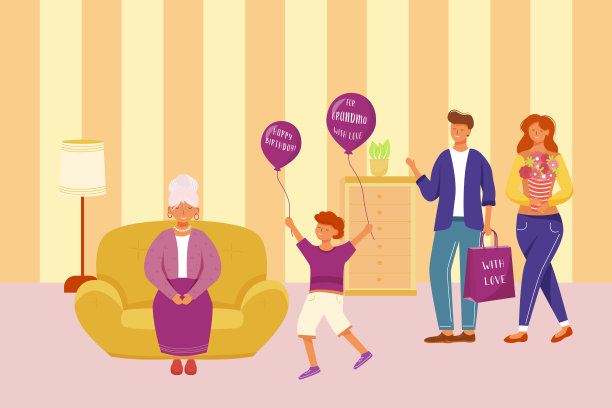 家庭庆祝奶奶生日平面矢量插图。快乐的节日聚会。给奶奶爱。成年子女和孙子以卡通人物的周年纪念来祝贺祖母图片下载