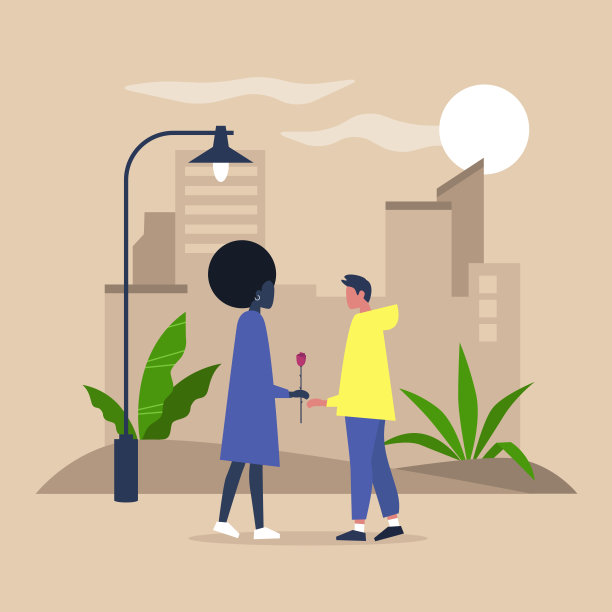 一对年轻人在一个有城市风景的公园里浪漫约会，现代的跨种族关系图片下载