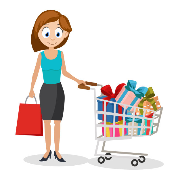 一位年轻妇女用一辆白色的手推车买了满满一车礼物。图片下载