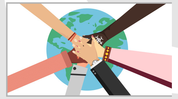 不同人的手放在一起。伙伴关系的概念，团队精神，合作，合作，团结的人在地球的背景下。平面矢量图图片下载