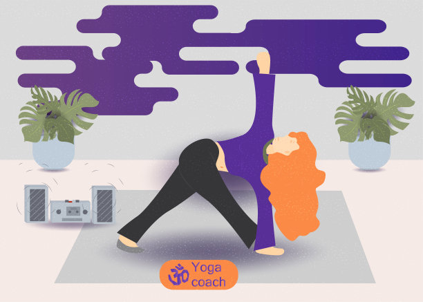 一个有15头红头发的年轻女孩在地毯上做体操瑜伽练习，没有轮廓的平面概念设计风格，用于设计各种面包房和网络产品图片下载